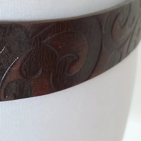 Brighton Dark Brown Handtooled Leather Belt with Silver Heart Oval Buckle - Picture 3 of 15